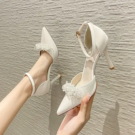 法式高跟鞋女2024年新款春秋季尖头水钻一字扣细跟单鞋设计感小众图片