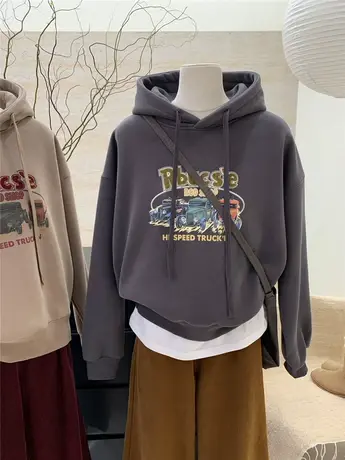 美式复古连帽卫衣女秋冬韩系植绒英文字母印花宽松加绒加厚外套商品大图