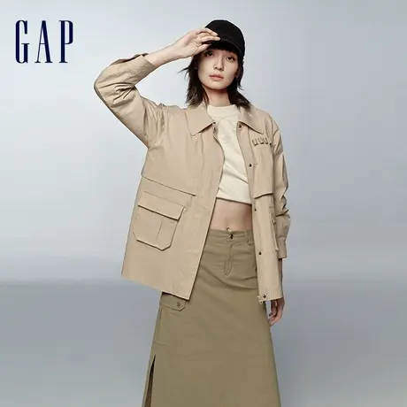 Gap女装春季2024新款洋气翻领宽松长款外套时尚衬衫领大衣874469图片