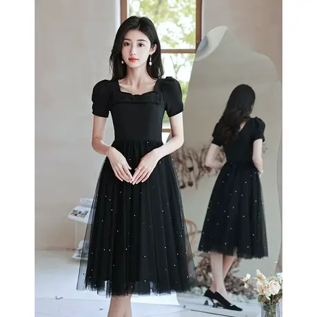 黑色小晚礼服裙轻奢小众高端宴会气质名媛主持人小个子纱裙高级感图片