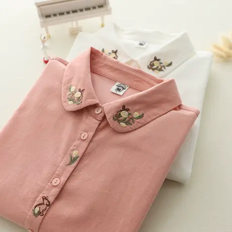 春秋季韩版文艺绣花小清新灯芯绒纯棉长袖衬衫女学生宽松打底上衣图片