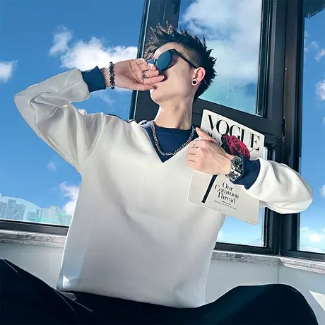 卫衣春季撞色拼接高级感圆领上衣T恤ins轻熟风内搭假两件长袖t恤商品大图