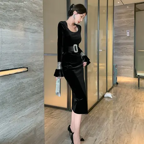 高端名媛晚宴会礼服收腰方领露锁骨丝绒连衣裙法式包臀小黑裙秋季商品大图