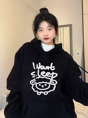 加绒连帽卫衣女大码秋冬加厚美式复古港风chic慵懒宽松外套上衣潮图片