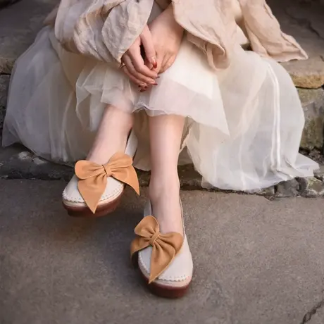 Artmu阿木原创蝴蝶结浅口单鞋真皮厚底松糕鞋文艺森系一脚蹬女鞋商品大图