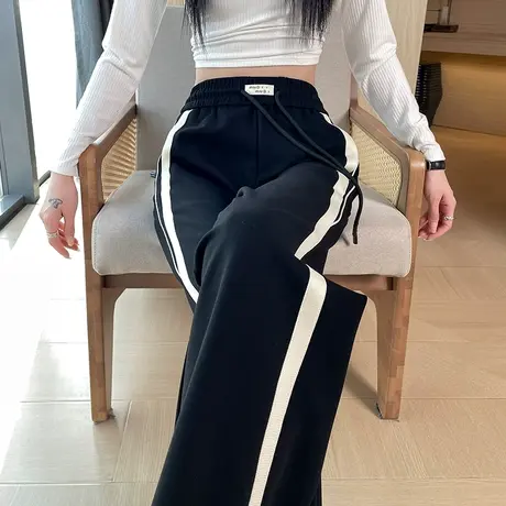 侧边条纹窄版运动裤女春秋新款垂感宽松显瘦直筒休闲阔腿美式卫裤商品大图