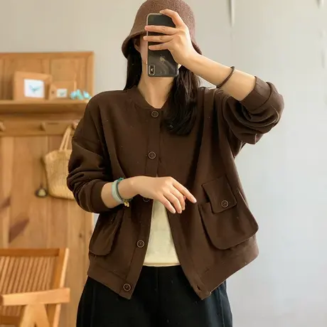 dza 复古纯色短款棒球服女士2024春新款宽松口袋外套休闲开衫上衣图片