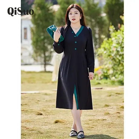 2024秋装新款气质V领收腰显瘦开衩小心机大码妹妹胖MM连衣裙长袖图片