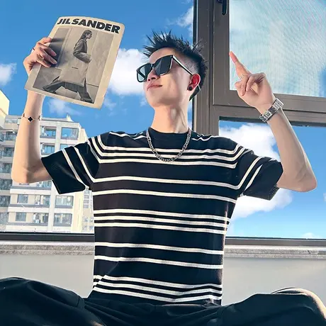 短袖T恤男夏季重磅宽松男装体恤潮牌ins条纹毛衣半袖针织上衣体恤图片