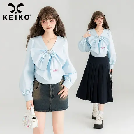 KEIKO 蓝色蝴蝶结饰泡泡袖衬衫2024春夏法式气质V领小个子短上衣商品大图