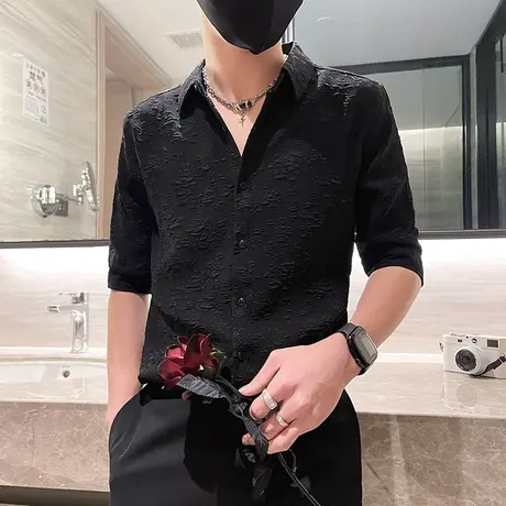 夏季短袖衬衫2024新款潮牌修身高级感韩版轻熟男士提花衬衣七分袖图片