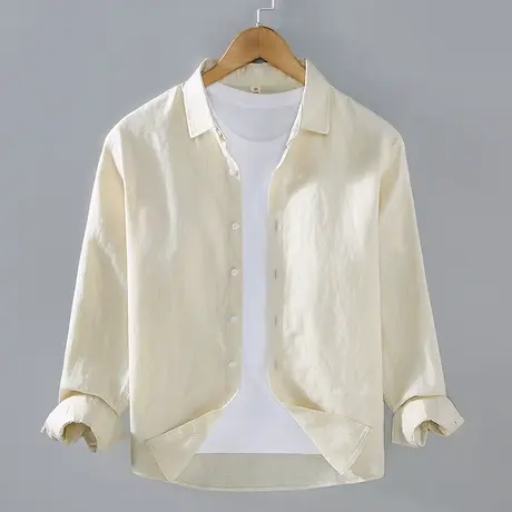 亚麻衬衫男2024春秋休闲薄款长袖外搭纯色复古衬衣上衣男士外套潮商品大图