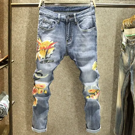 2024新款裤子男设计感印花长裤潮牌街头涂鸦修身小脚弹力牛仔裤男商品大图
