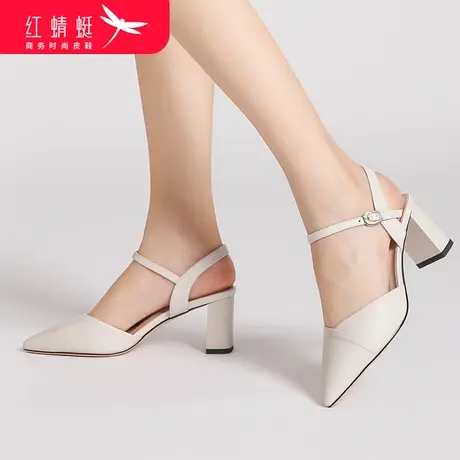 红蜻蜓女鞋尖头包头凉鞋高跟鞋粗跟女士妈妈凉鞋女中跟上班族单鞋商品大图