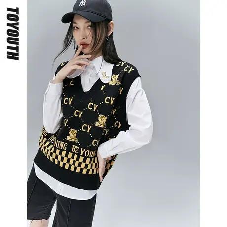 TOYOUTH初语黑色无袖针织衫女年新款虎年新年战袍v领马甲背心商品大图