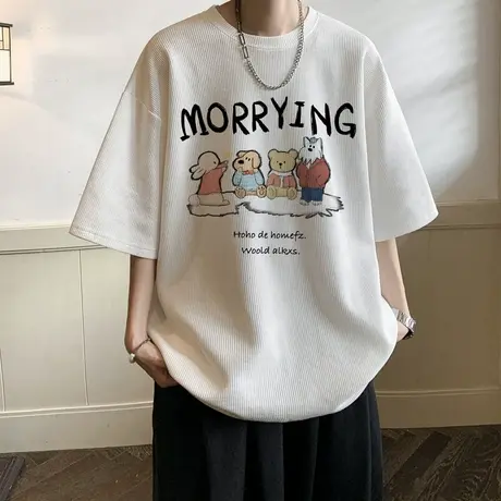 华夫格美式卡通短袖t恤男夏季印花体恤宽松潮流oversize休闲上衣商品大图