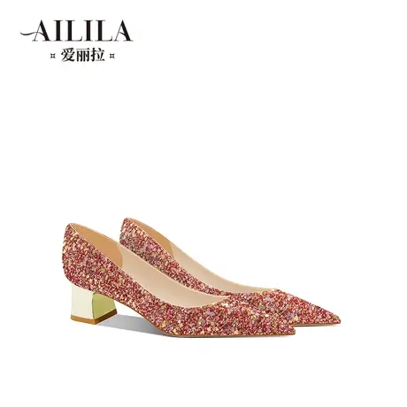 爱丽拉红色粗跟婚鞋女2023新款水晶公主大码舒适新娘敬酒鞋不累脚商品大图