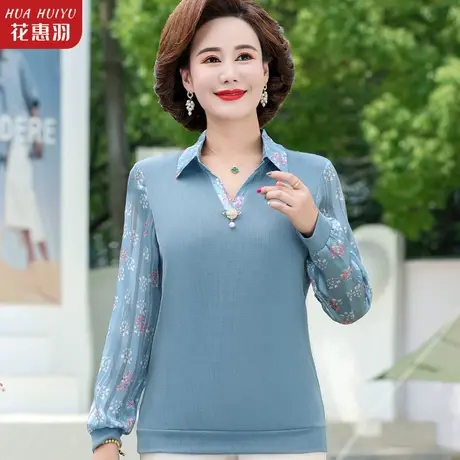 妈妈春秋时尚翻领宽松针织小衫上衣洋气中年长袖秋装薄款打底50岁商品大图