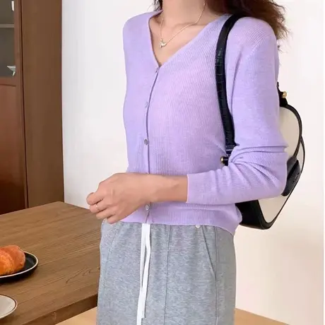 时尚气质V领针织开衫2023年秋新款淑女温柔宽松显瘦通勤百搭上衣图片