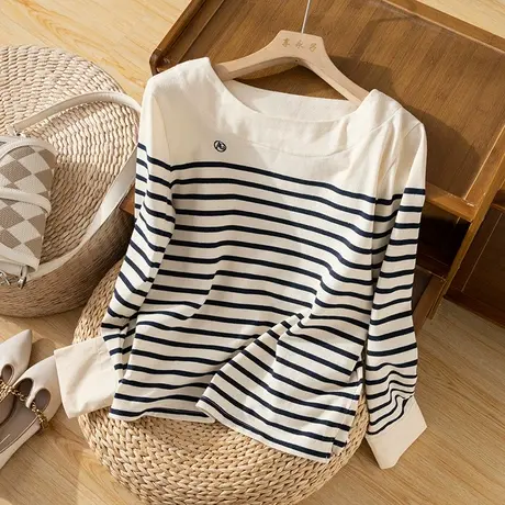 享永子条纹T恤女文艺复古宽松休闲百搭气质上衣内搭2023秋季新款图片