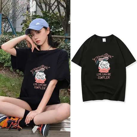 美式复古小众设计卡通趣味圆领显瘦短袖T恤女夏季宽松纯棉上衣ins商品大图