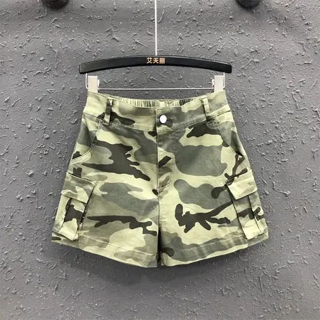 欧货帅气休闲工装牛仔短裤女2023夏季新款个性迷彩高腰阔腿裤热裤图片