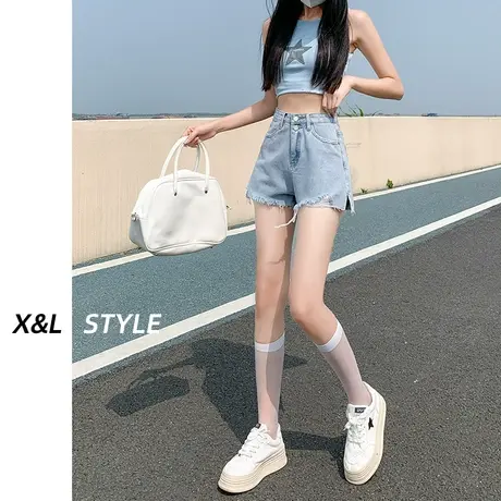 浅色破洞高腰牛仔短裤女春秋季款2023年设计感辣妹宽松阔腿热裤子商品大图