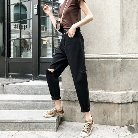破洞牛仔裤女宽松2023春季新款高腰老爹裤显瘦百搭萝卜九分直筒裤商品大图