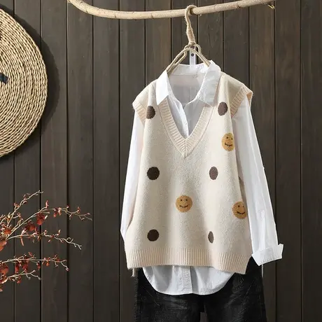 枫谜2021年秋季新款文艺韩版针织马夹背心女宽松圆领针织无袖毛衣图片