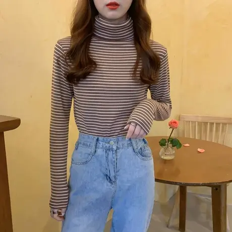 条纹打底衫长袖t恤女秋冬洋气保暖内搭设计感小众加绒加厚上衣服图片
