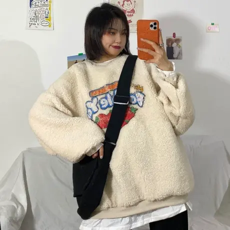 羊羔毛卫衣女假两件套头韩版宽松bf慵懒风上衣加绒加厚外套潮ins图片