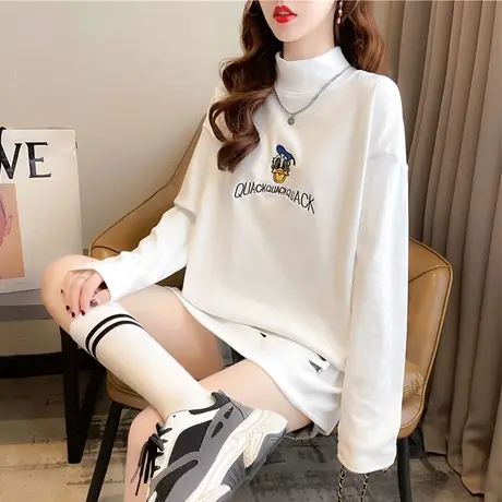 半高领长袖t恤女秋冬韩版宽松中长款加绒加厚德绒内搭洋气打底衫商品大图