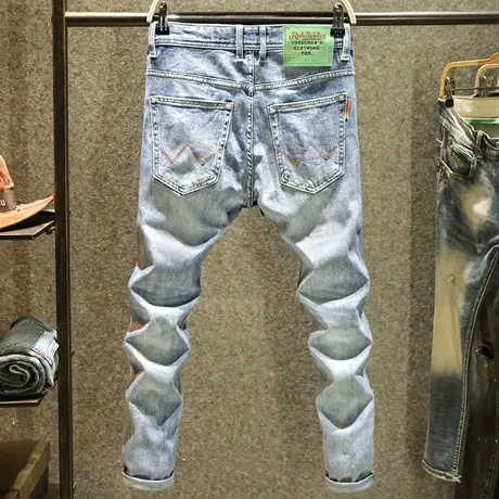 高品质时尚青年牛仔裤男款潮流修身小直筒裤潮牌个性腰头刺绣长裤商品大图