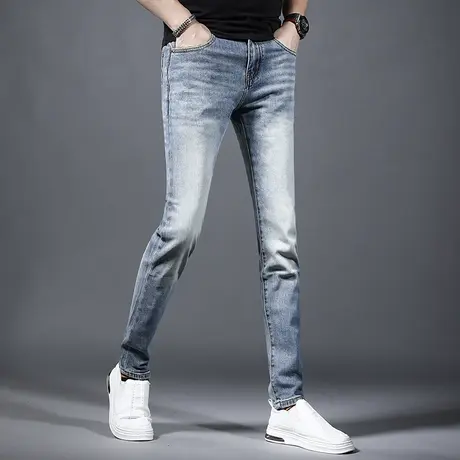 高端牛仔裤男款2023新款春季修身小脚浅蓝色水洗弹力男士裤子青年商品大图