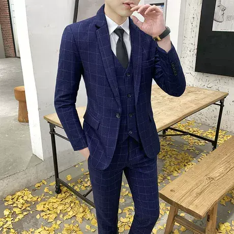 西服套装男士三件套修身格子职业正装伴郎团新郎结婚礼服小西装潮商品大图