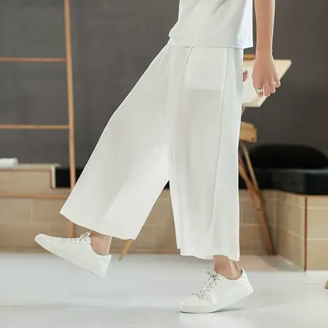 男士秋季薄款阔腿裤宽松大码古风飘逸长裤直筒白色雪纺冰丝9分裤商品大图