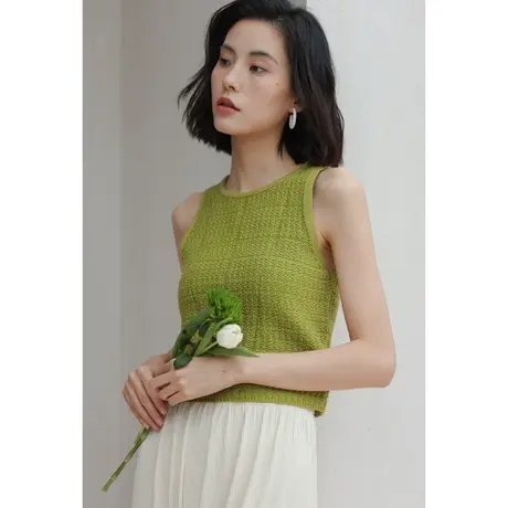 弥古绿色无袖针织马甲背心外穿女夏法式削肩上衣挖肩吊带内搭打底图片