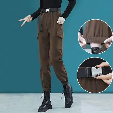 毛呢工装裤女秋冬款2023年保暖加绒加厚束脚高腰宽松休闲哈伦裤潮商品大图