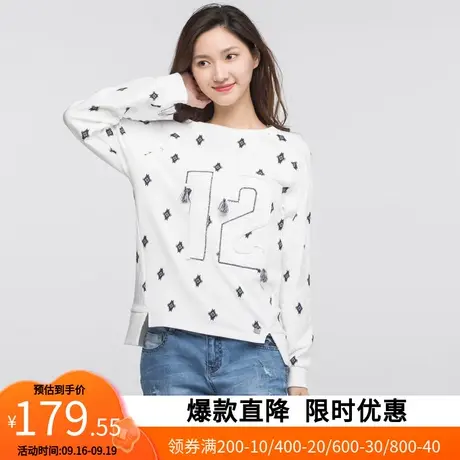 艾格官方旗舰店2020春季新品圆领印花直筒长袖数字落肩T恤女S925商品大图
