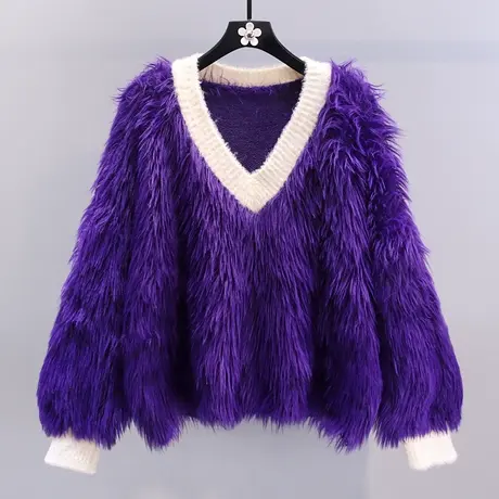 撞色V领水貂绒毛衣女秋冬2023新款宽松慵懒风加厚短款针织衫上衣图片