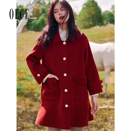 【买1送1】Oece冬新款女复古双面羊毛呢大衣中长款呢子外套商品大图