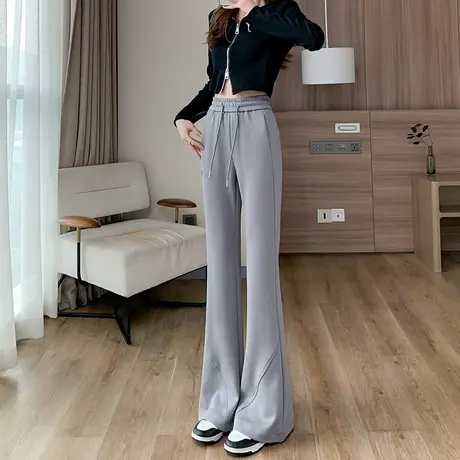 灰色喇叭裤女春秋2023新款针织抽绳休闲裤子高腰显瘦弹力微喇裤子商品大图