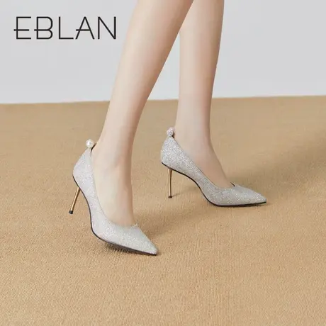 伊伴2023春季女鞋细跟高跟鞋潮流优雅通勤珍珠饰扣细闪婚鞋单鞋女图片
