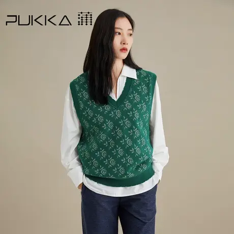 蒲PUKKA 针织背心女秋季新款宽松休闲无袖复古提花针织衫图片