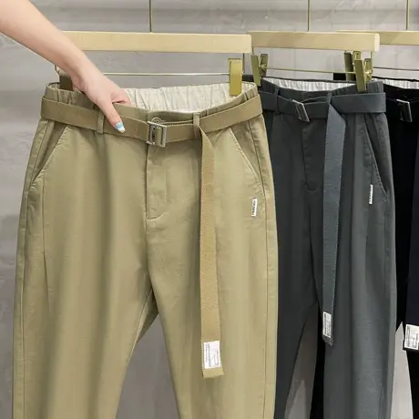 附腰带长裤男秋季棉质直筒小脚裤潮流男士休闲裤卡其9分裤子百搭商品大图