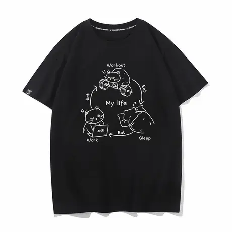 秀洛三点一线猫健身运动纯棉短袖宽松大码无性别半袖T恤情侣衣服图片