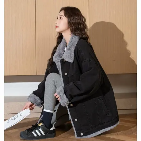 唐狮牛仔外套女新款加绒加厚短款设计感百搭流行潮酷上衣商品大图