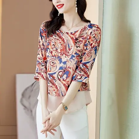 小衫女夏季2023新款高端漂亮大码短袖雪纺衬衫高贵独特宽松女上衣图片