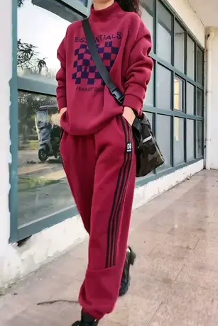 2023年冬季新款加绒加厚圆领卫衣哈伦裤两件套女宽松休闲运动套装图片