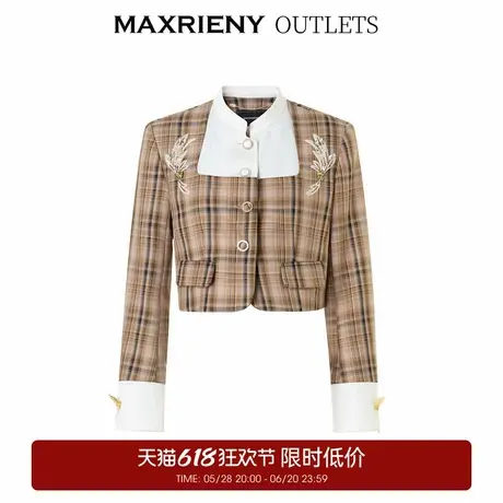 【奥莱】MAXRIENY复古格纹缎面解构外套美拉德穿搭商品大图